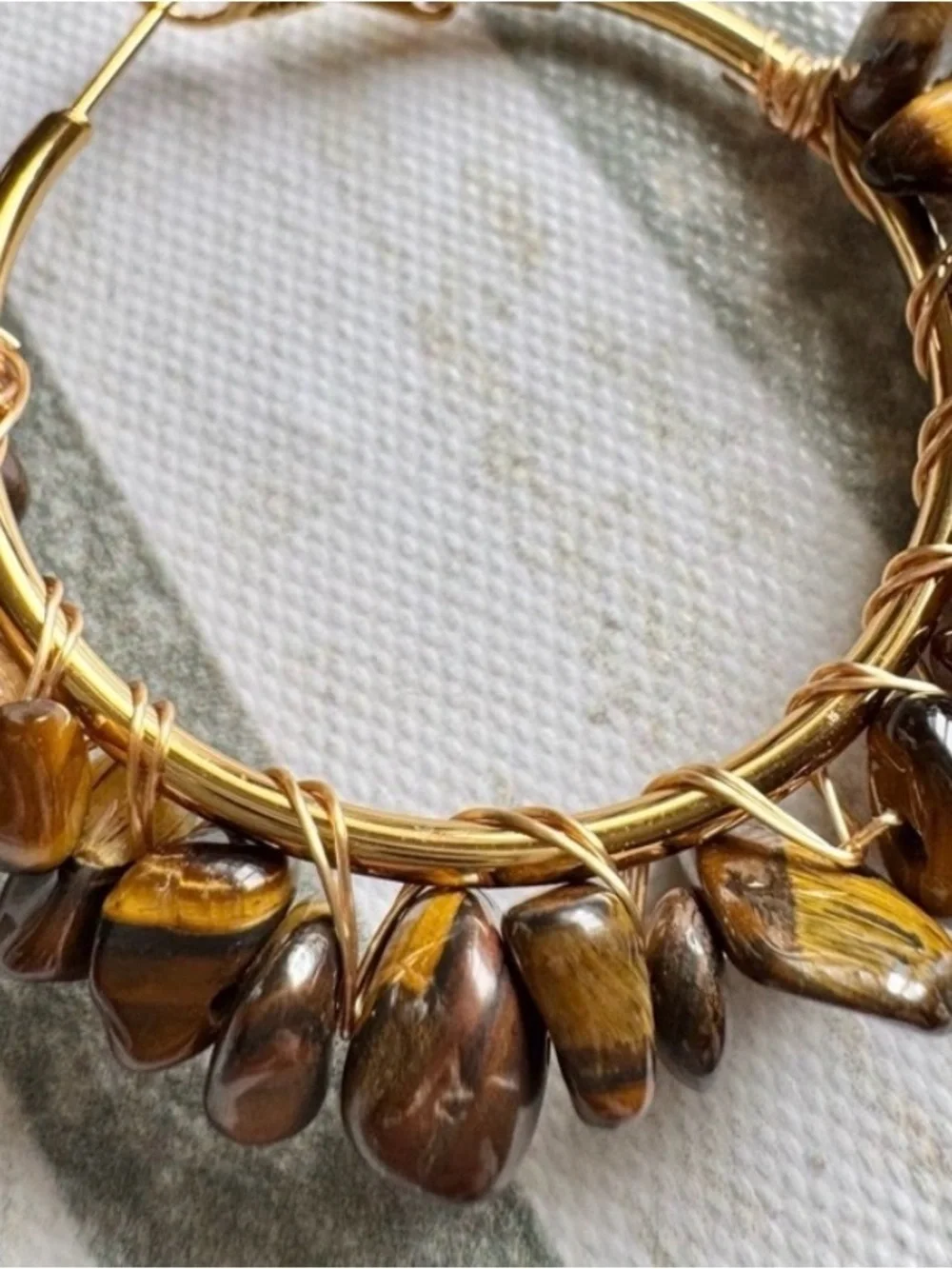 New Natural Golden Tiger Eye, Tiger Iron, Hematite Gold Tone Hoop Earrings - 2”